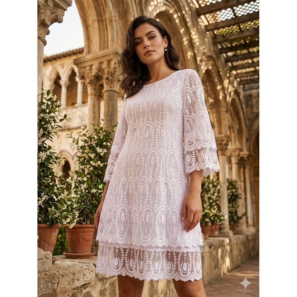 Giovanna White Lace Shift Dress Tiered Bell Sleeve Bridal Church 12